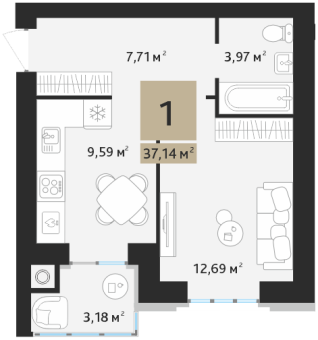 1 комнатная квартира общей площадью 37.14 м²