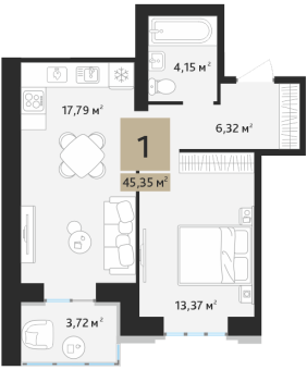 1 комнатная квартира общей площадью 45.35 м²