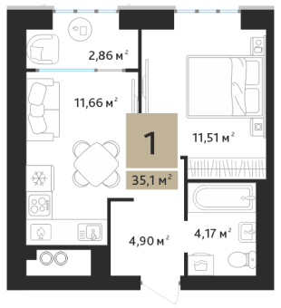1 комнатная квартира общей площадью 35.10 м²