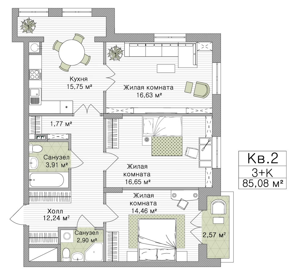 3-х комнатная квартира площадью 85.08м2