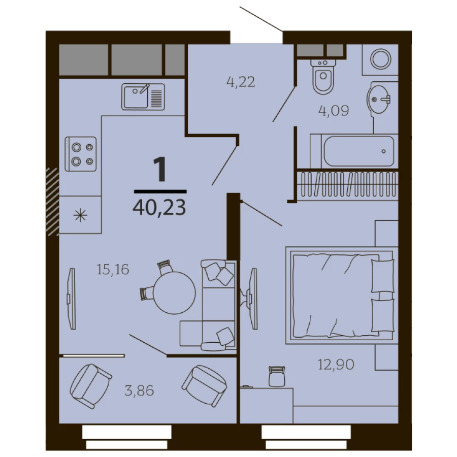 1-ая квартира площадью 40.23 м2 с комнатой отдыха
