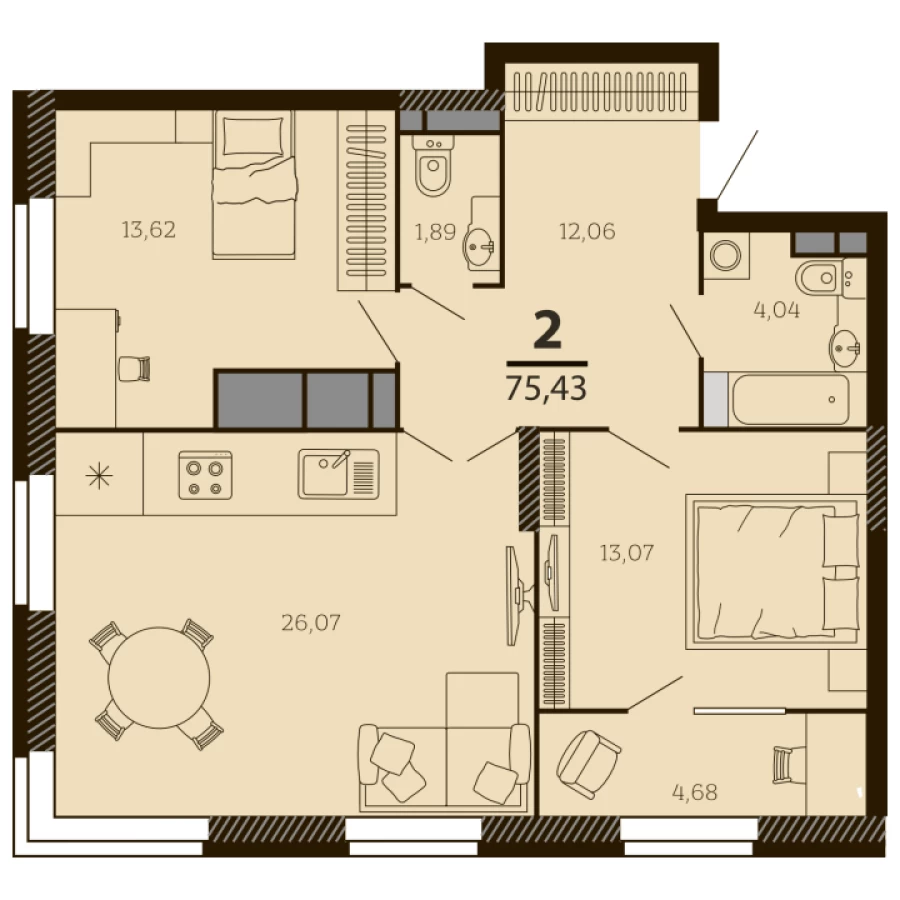2-ая квартира площадью 75.43 м2 с двумя просторными спальнями
