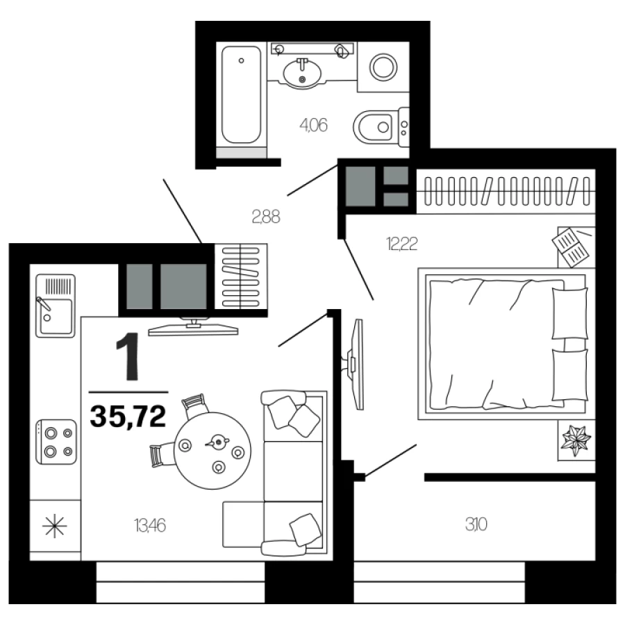 1-ая квартира 35.72 м2 с улучшенной планировкой