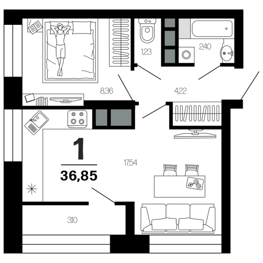 1-ая квартира 36.85 м2 с большой кухней-столовой
