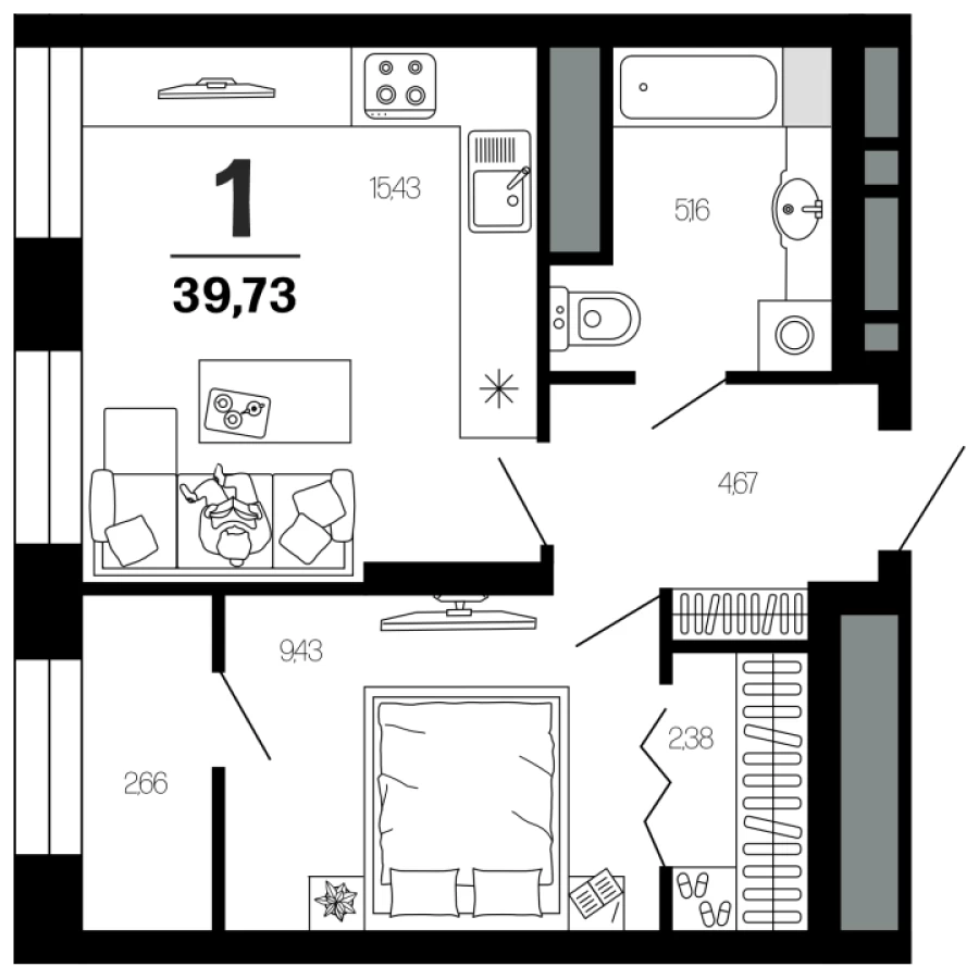 1-ая квартира 39.73 м2 с большим санузлом