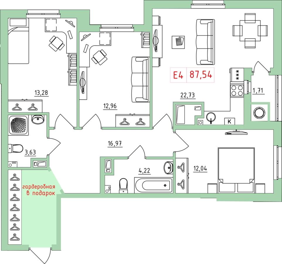 3-х комнатная квартира площадью 87.54м2 в Рязани