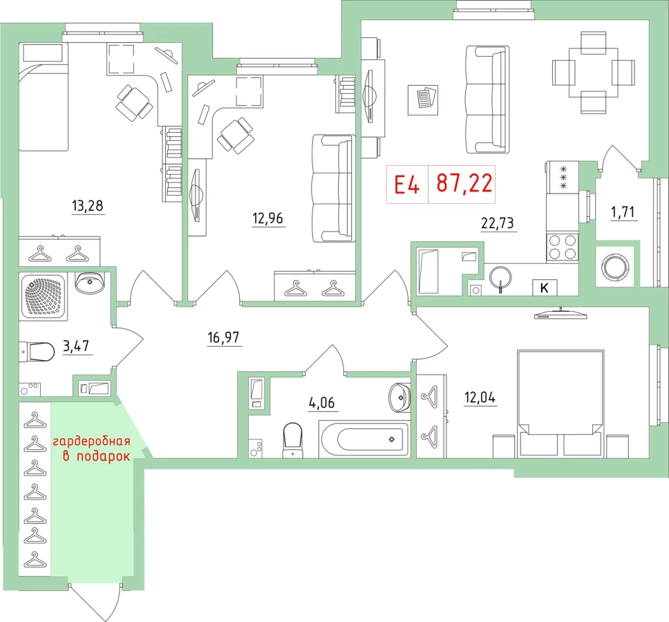 3-х комнатная квартира площадью 87.22м2