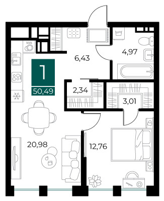 1 комнатная квартира общей площадью 50.49 м²
