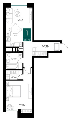 1 комнатная квартира общей площадью 57.76 м²