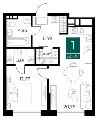 1 комнатная квартира общей площадью 50.22 м²