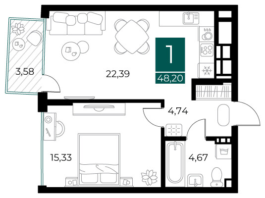 1 комнатная квартира общей площадью 48.2 м²