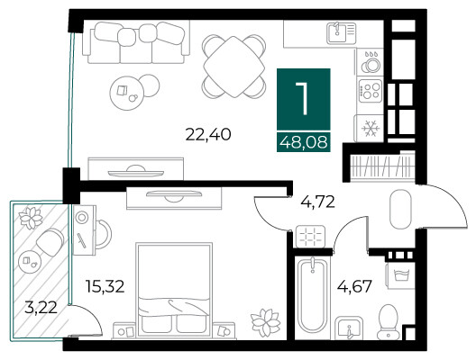 1 комнатная квартира общей площадью 48.08 м²