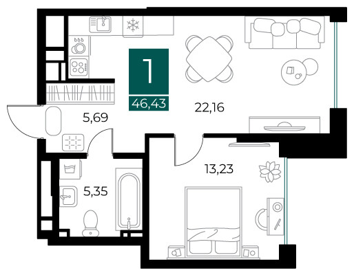 1 комнатная квартира общей площадью 46.43 м²