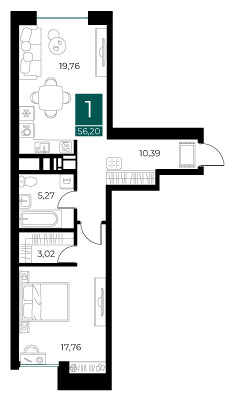 1 комнатная квартира общей площадью 56.2 м²