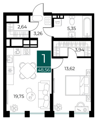 1 комнатная квартира общей площадью 48.56 м²