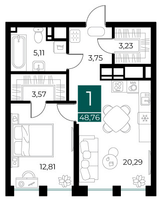 1 комнатная квартира общей площадью 48.76 м²
